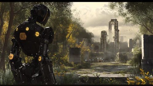 Solitary robot observing sunlit overgrown city ruins.