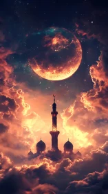 Celestial mosque rises through blazing clouds beneath moon