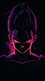 Neon-outlined stylized warrior portrait uses dark contrast