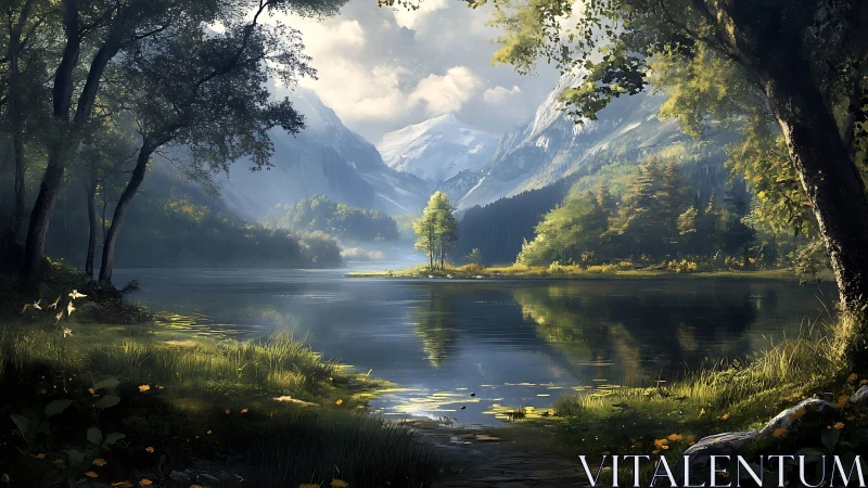 Mountain lake landscape with trees, island and reflections.