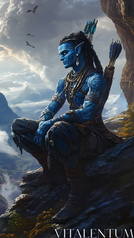 Blue alien archer rests on cliff ledge in cinematic fantasy scene