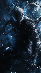 Black suited superhero in fluid dark environment at night.