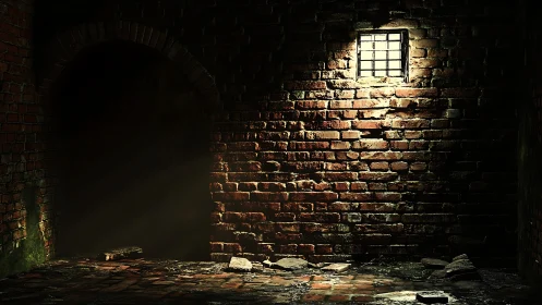 Old brick alley wall under single barred window light
