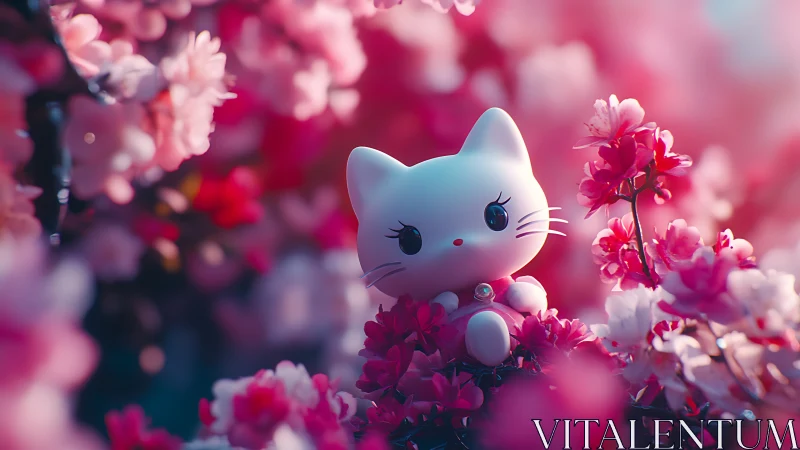 Kawaii cat figurine rests amid luminous cherry blossoms