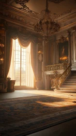 Sunlit baroque hall shows ornate staircase and chandeliers