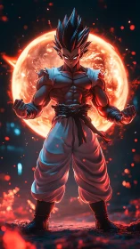 Anime warrior silhouette before flaming celestial core.