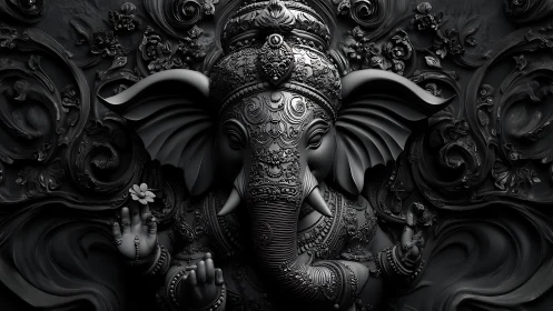 Monochrome 3D Ganesh bas relief emphasizes ornate sculptural depth