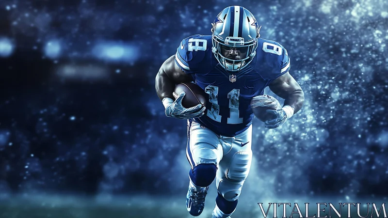 Football running back charges through icy blue stadium haze.