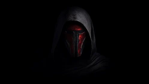Hooded crimson war mask emerging from starless shadow.