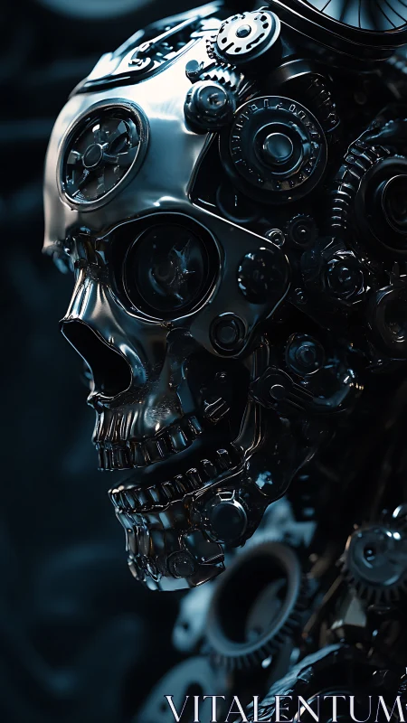 Chromed biomechanical skull of gears in moody cyan light.