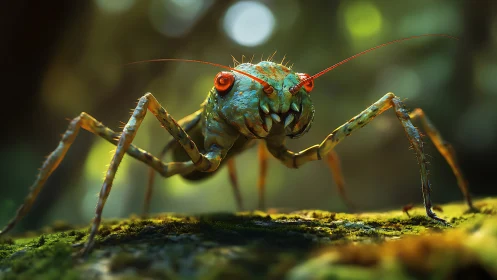 Macro render depicts stylized insect on mossy forest surface