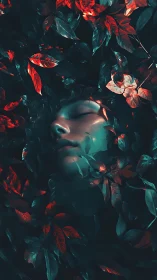 Surreal portrait submerges serene face in neon foliage.