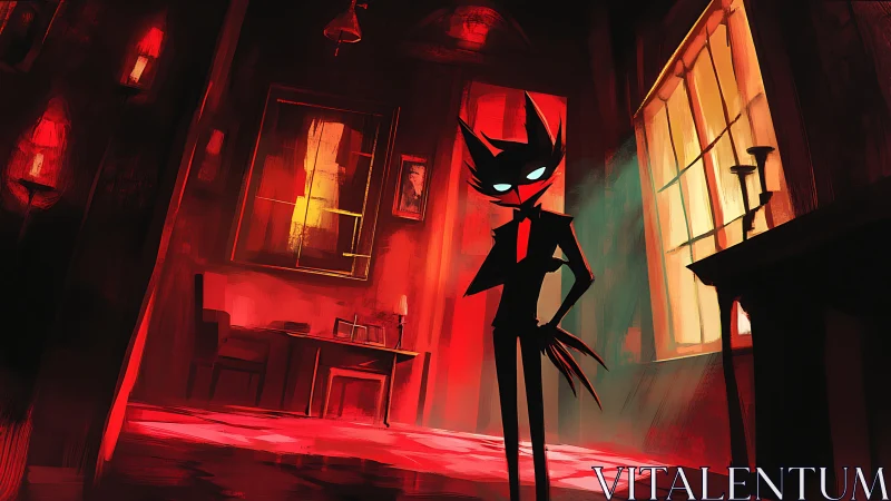 Shadowy cat figure stands in a crimson-lit gothic room