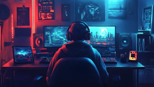 Night gamer immersed in neon-lit cyberpunk battlestation