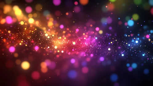 Shimmering river of colorful bokeh lights glows in the dark