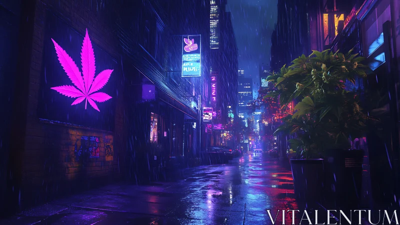 Neon rain serenades a glowing cannabis alleyway at night