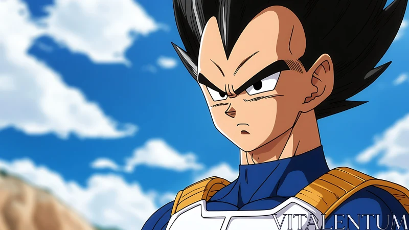 Stoic anime warrior stares ahead beneath bright blue sky