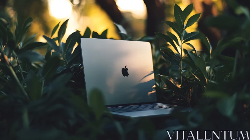 Laptop with Apple logo in lush green outdoor foliage.