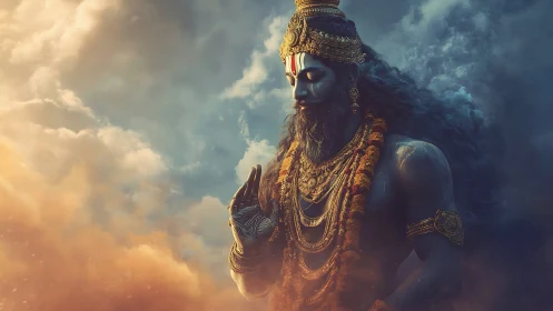 Serene celestial figure bathed in golden, misty twilight.