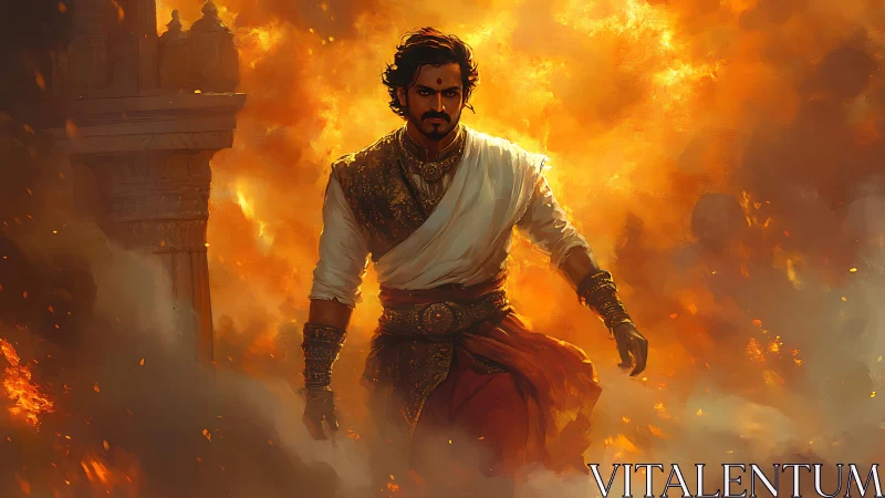 Heroic warrior advances through inferno with cinematic lighting