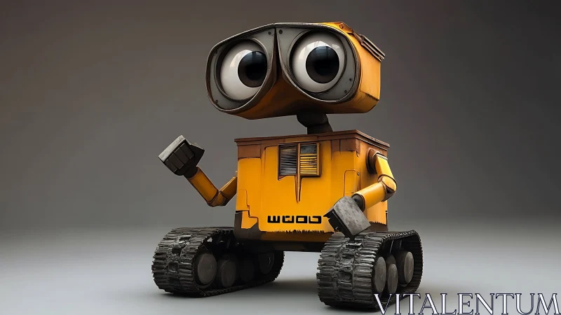 Cute yellow tracked robot with large expressive eyes.
