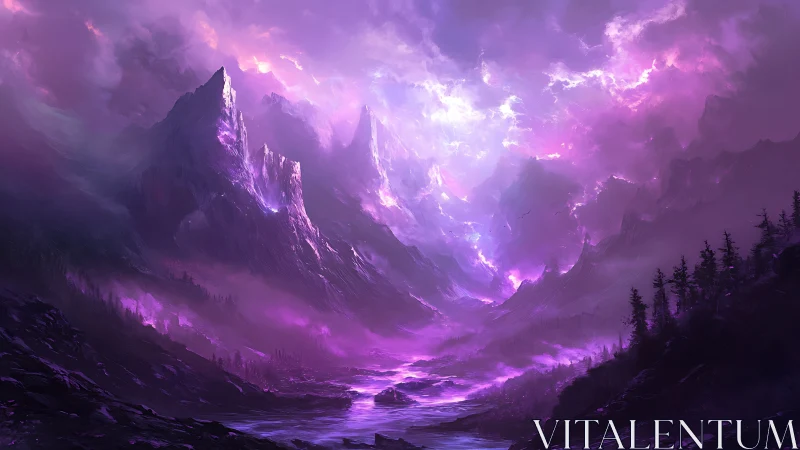Luminescent violet storm illuminates steep mountain valley