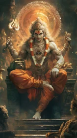 Divine warrior deity sits enthroned in radiant golden fire