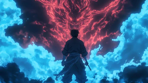 Samurai silhouette confronting bifurcated elemental dragon field.