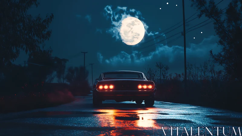 Classic muscle car on wet road under bright full moon