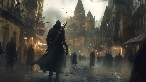 Cloaked wanderer in foggy medieval boulevard, digital painting.