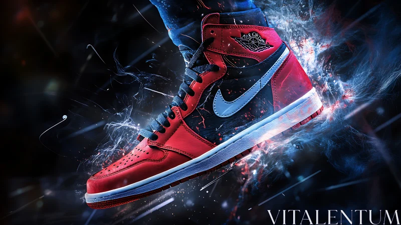 Dynamic high-top sneaker rendered with neon energy particle trails