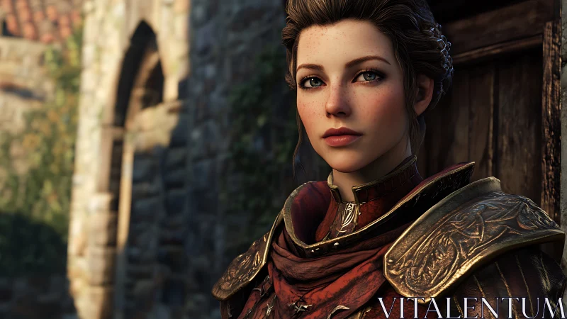 Medieval warrior portrait under warm cinematic sunlight.