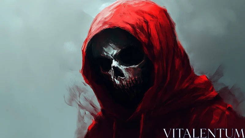 Digital painting of hooded skull figure with red draped cloak.