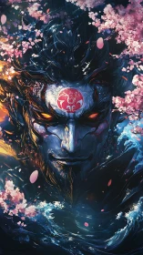Stormlit spirit beneath cherry blossoms and swirling sea magic.