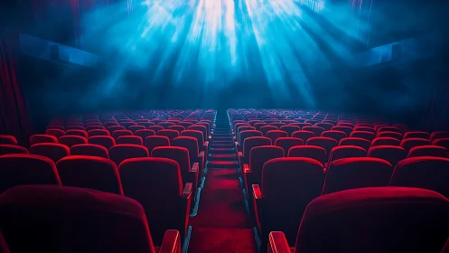 Cozy cinema seats glowing softly in dreamy blue light.