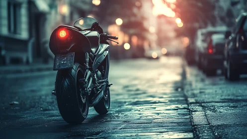 Sport motorcycle on wet urban street at dusk bokeh glow.