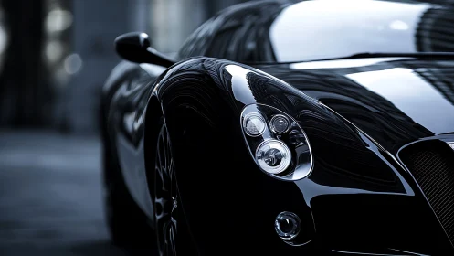 Close-up view shows glossy black sports car front bodywork
