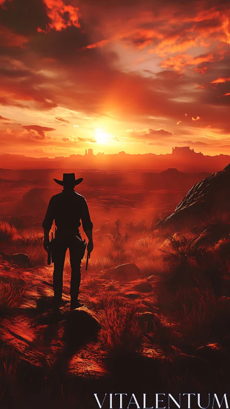Lone gunslinger silhouette in fiery western desert sunset.