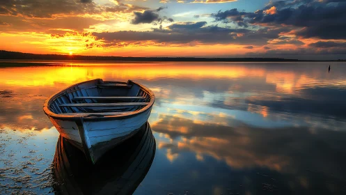 Solitary rowboat cradles the last embers of a molten sunset