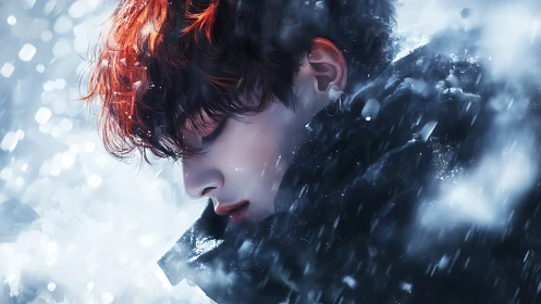 Profile portrait of red haired youth in dynamic digital snowfall