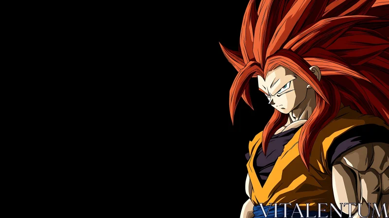 Red haired anime warrior in orange gi on black background.
