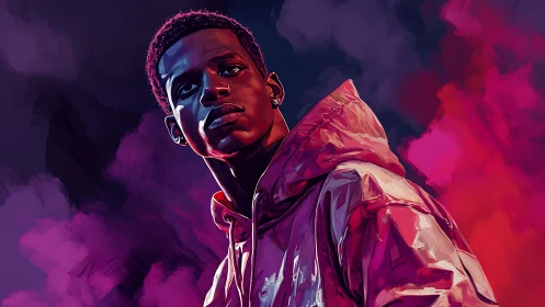 Vivid digital portrait of hooded youth under magenta skies.