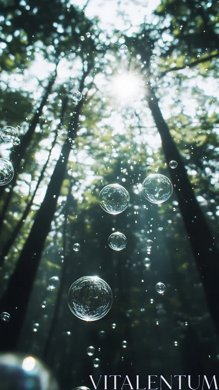 Soap bubbles suspended in forest canopy with diffused sunlight