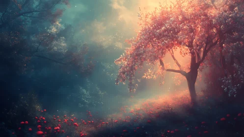Backlit blossom tree renders volumetric light across misty meadow
