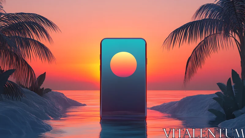 Sunset escape through a glowing tropical smartphone portal.