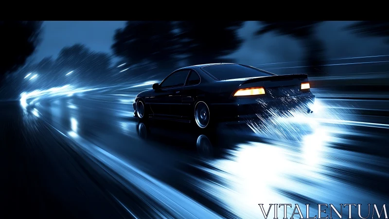 Nighttime drift car slicing through neon blue rain-soaked asphalt.