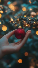 Photorealistic close-up of hand holding red ornament bokeh.
