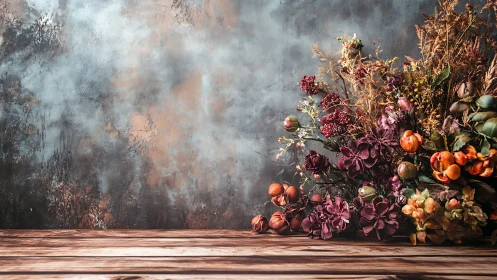 Botanical arrangement with autumn flowers on weathered surface.