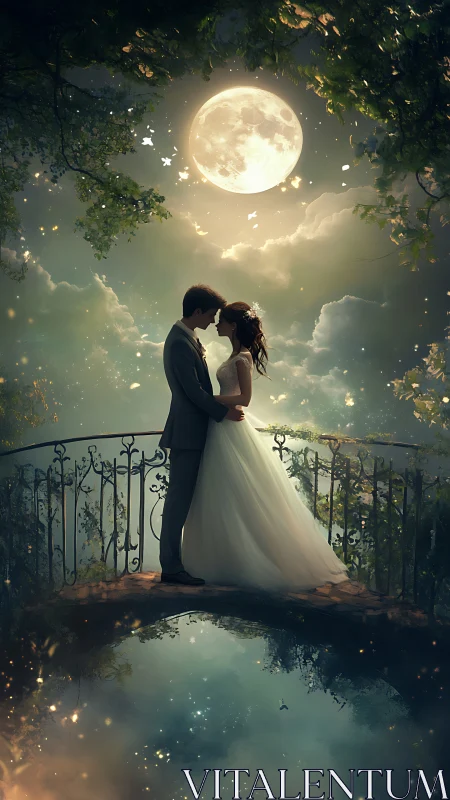 Moonlit wedding couple embracing on enchanted bridge.