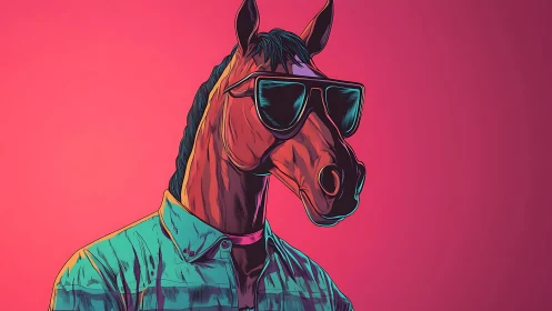 Stylized horse-headed figure wears sunglasses on neon pink